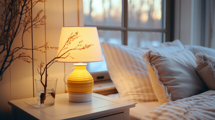 Obraz premium Cozy lanterns on a windowsill, with winter landscape seen through the window.