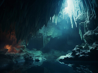 Underwater cave, stalactites and stalagmites, surreal colors not found in nature, haunting, ethereal