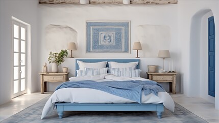 minimalist bedroom with white and blue decor and concealed storage in classic Greek furniture