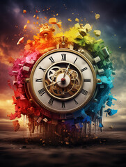 A surreal photo manipulation combining a rainbow and clock gears, representing the concept of "Time and Light"