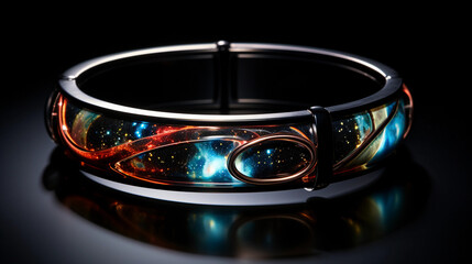 Cosmic-themed arm bangle, 3D art, resembling a galaxy, swirling stars and nebula, vivid colors, floating in outer space, black background