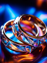 Ephemeral Rings: Close-up of wedding rings, scattered light creating abstract forms, prism effects, ethereal glow, saturated colors