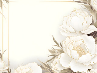 Floral frame background with white peonies, white copy space for text