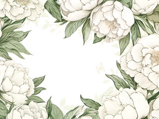 Floral frame background with white peonies, white copy space for text