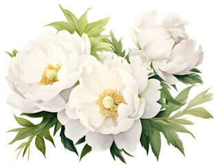 Watercolor illustration of white peonies, white background