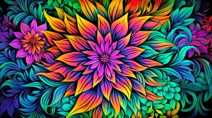 Fototapeta na wymiar Dazzling neon kaleidoscope floral postcard