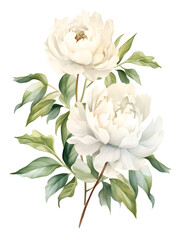 Watercolor illustration of white peonies, white background