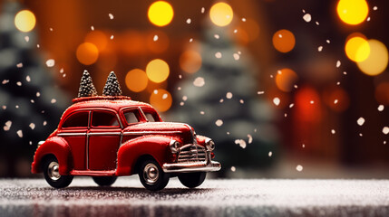 Fototapeta na wymiar Christmas card. Retro car with a fir tree and gifts.