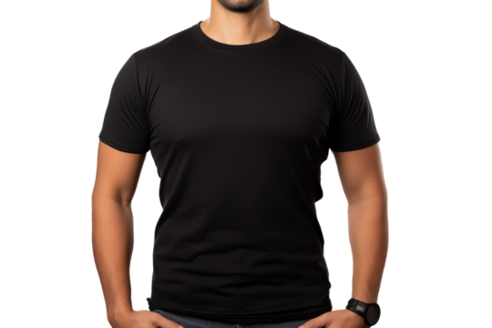 Model man wearing a black t-shirt isolated on transparent background, png. AI generative.