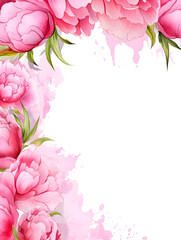 Watercolor frame background with pink peonies, white copy space for text