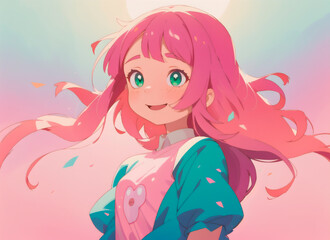 Obraz na płótnie Canvas cute cartoon girl with pink hair and green eyes