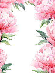 Watercolor frame background with pink peonies, white copy space for text