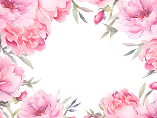 Watercolor frame background with pink peonies, white copy space for text