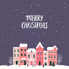 Winter town, Merry Christmas greeting card design. Snow at the evening, cute small houses, walking people