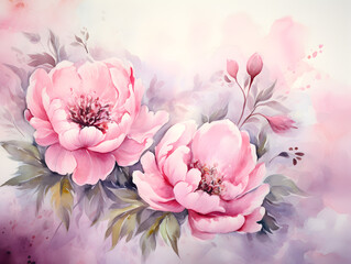Watercolor illustration of pink peonies, floral background