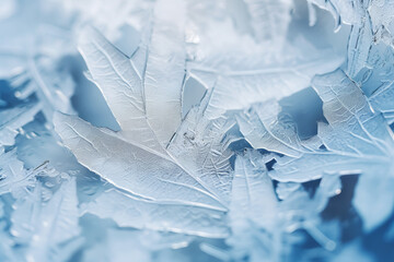 Frozen close-up ice crystals winter nature background. Cold frost seasonal arctic weather wallpaper.