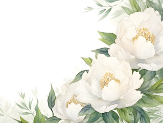 Watercolor frame background with white peonies, white copy space for text