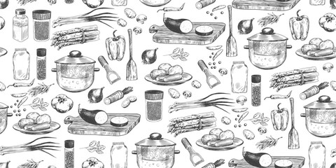 Seamless pattern with ingredients for soup. Sketch style boiling pot, vegetables, asparagus, mushrooms, peas, eggplant, onions, spices, paprika. Сutting board, vegetable peeler, spatula. Cookware - obrazy, fototapety, plakaty
