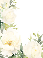 Watercolor frame background with white peonies, white copy space for text