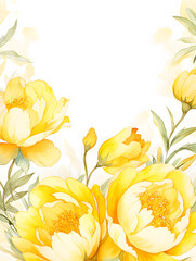 Watercolor frame background with yellow peonies, white copy space for text