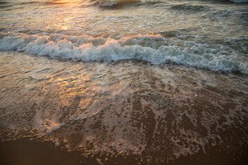 The sea, shimmering with gold from the dawn sun, the water's edge and the shore.