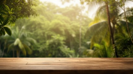 empty wooden table top for product display montages with blurred tropical trees view background