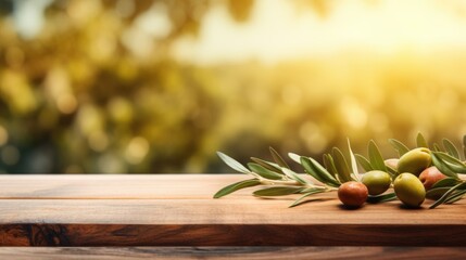 wooden table top with olives for product display montages with blurred olive trees background