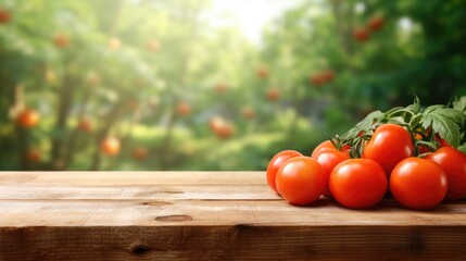 wooden table top with tomatos for product display montages with blurred trees background - obrazy, fototapety, plakaty