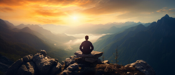 Ultrawide Man Meditating On Top Of The Mountain With Sunset In Background