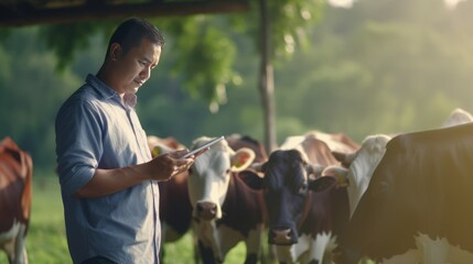 Animal husbandry in cattle farm. Asian man farmer use application on digital tablet for monitoring cattle health. Agriculture cattle farm. Smart farmer 4.0 concept. - obrazy, fototapety, plakaty