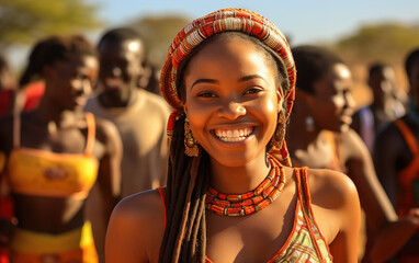A young Indian girl in tribal attire smiles in the foreground, while behind her, fellow countrymen in colorful traditional clothing celebrate the national festival with pride. - obrazy, fototapety, plakaty