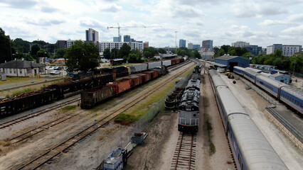 Fototapeta na wymiar Freight Trains in Raleigh, NC - Drone