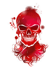 Red abstract skull with a beard. Vector illustration. Hand drawn, not AI
