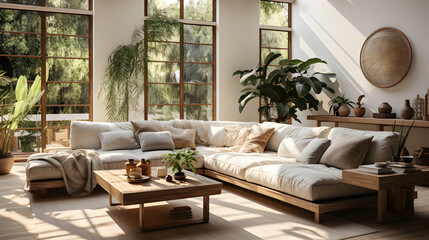 Modern living interior with big wooden sofa and coffee table