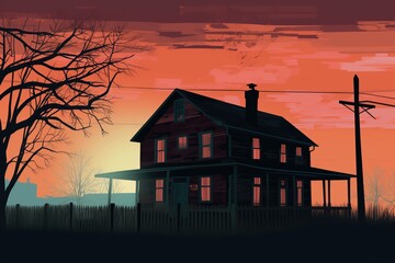 silhouette of wooden and brick farmhouse against dawns light, magazine style illustration - obrazy, fototapety, plakaty