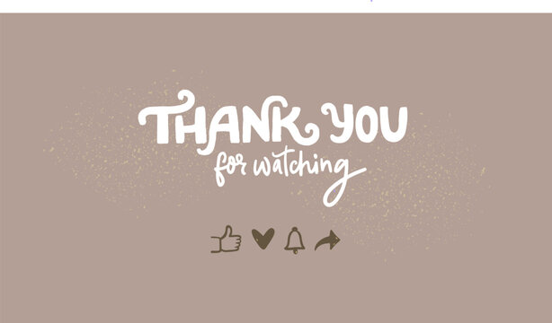 Thank you for watching, playful end screen design with social icons of share, like, follow and subscribe. Cartoon doodle style on kraft paper. Simple vector screen template.