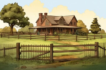 wood and brick farmhouse with rustic fences in the foreground, magazine style illustration