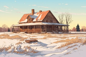 farmhouse made of wood and brick amidst a snow-covered landscape, magazine style illustration