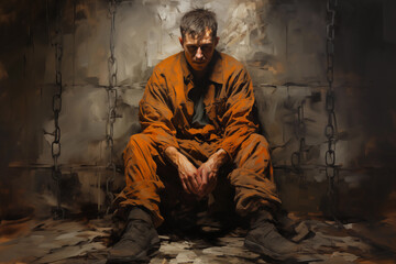  a portrait of a man sitting outside an prison