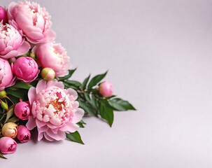 Fototapeta na wymiar Fresh bunch of pink peonies and roses with a pink background