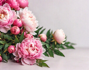 Fresh bunch of pink peonies and roses with a pink background