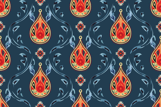 Abstract ethnic paisley pattern flower design. Aztec fabric boho mandalas textile wallpaper. Tribal native motif African American sari elegant embroidery vector background © Thann