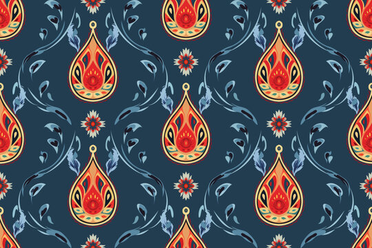 Abstract Ethnic Paisley Pattern Flower Design. Aztec Fabric Boho Mandalas Textile Wallpaper. Tribal Native Motif African American Sari Elegant Embroidery Vector Background 