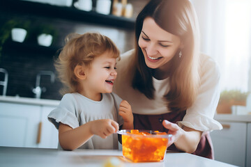 A young mother gives her child orange-flavored immuno-gummy bears. Dietary supplement - obrazy, fototapety, plakaty