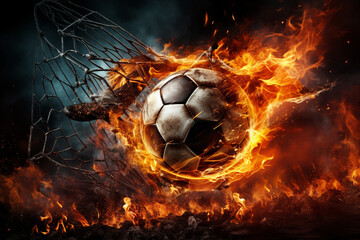 Exhilarating Soccer Ball in the Air. Fiery Football in the air. Sports concept. High quality photo