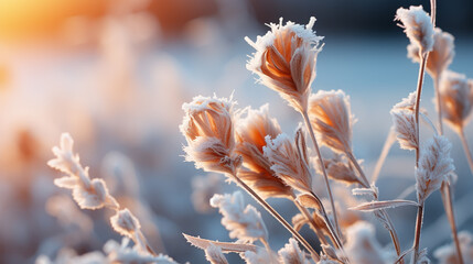 abstract natural background from frozen plant covered with hoarfrost or rime - obrazy, fototapety, plakaty