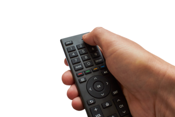 TV remote control in hands isolated,turning on the TV from the remote control, hands holding the remote control on a white background