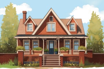 brown brick farmhouse with a narrow, gabled front entry, magazine style illustration