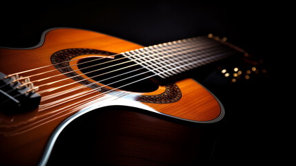 Classical guitar close up, dramatically lit on a black background with copy space - obrazy, fototapety, plakaty
