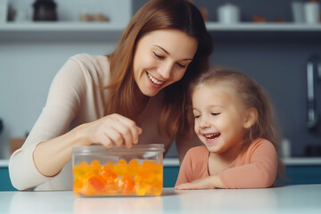Obraz na płótnie Canvas A young mother gives her child orange-flavored immuno-gummy bears. Dietary supplement